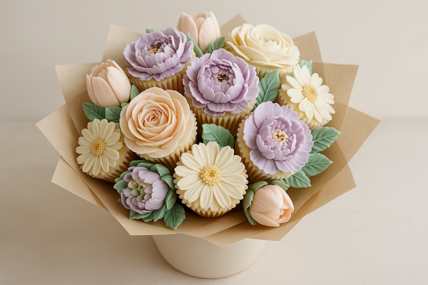 cupcake bouquet with piped realistic floral buttercream designs